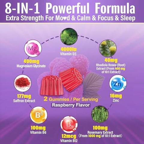 Nextdia - Gomas de Açafrão – 4 Meses de Fornecimento – Extrato de Açafrão 177mg 88.5mg, com Magnésio Glicinato 400mg 200mg, Rhodiola Rosea, Alecrim, B6 B12 D3 para Calma, Nervos, Descanso