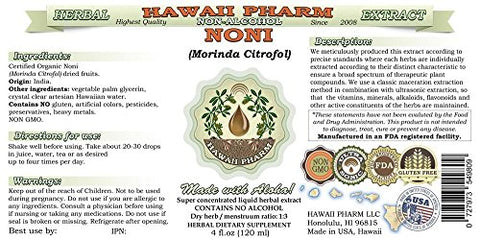 Noni Extrato Líquido Sem Álcool, Orgânico de Noni (Morinda citrifolia) Fruta Seca Glicerito Natural de Suplemento Herbal, Hawaii Pharm, EUA 2×120 ml