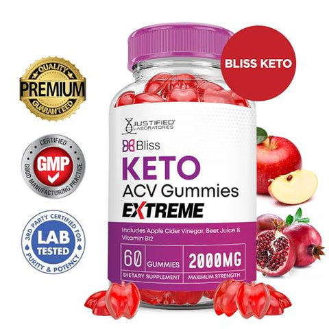Justified Laboratories - Bliss Keto Gummies Extreme 2000MG ACV – Gomas de Vinagre de Maçã Bliss Keto com Romã e Beterraba em Pó B12 Vegan Non GMO 60 Gummys