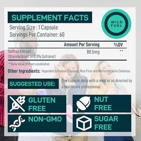 WILD FUEL - Extrato Puro de Açafrão – Antioxidante para Saúde dos Olhos, Energia e Humor – Happy Saffron – 0,3% Safranal 88,5mg – Suplemento Orgânico de Açafrão – 120 Dias – Livre de Glúten, Não-OGM