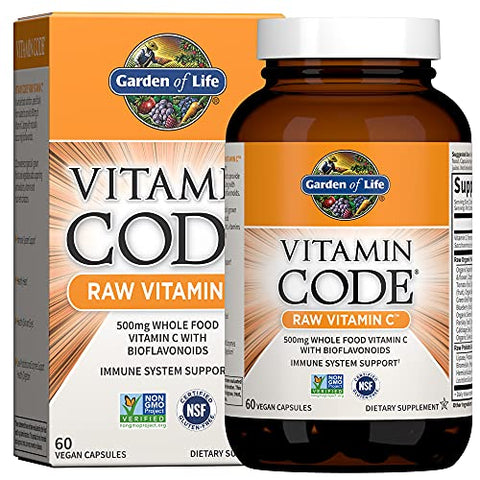 Vitamina C Raw Vitamin Code – 60 Cápsulas, 500mg Vitamina C de Alimentos Integrais - Garden of Life