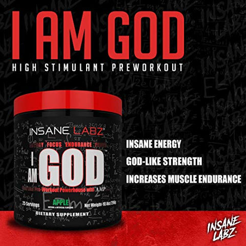 I am God Pré-Treino, Pó Pré-Treino de Alta Estimulação Carregado com Creatina e DMAE Bitartarato Impulsionado por AMPiberry, Energia Foco Resistência Crescimento Muscular, 25 Porções, Original - Insane Labz