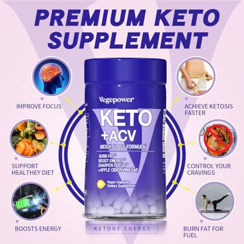 VEGEPOWER - Pílulas de Dieta Keto – Vinagre de Maçã, Suplemento de Sal BHB Exógeno – Utilize Gordura para Energia/Foco, Controle Desejos – Mulheres Homens
