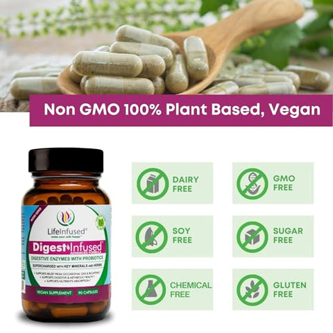 Suplemento Digestivo Premium – 21 Enzimas à Base de Plantas, Proteases, Bromelina, Amilase, Papaína – Probióticos, 72 Minerais Essenciais - Life Infused