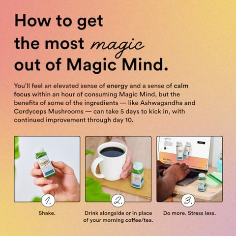 Energy And Focus Drink Shots – Alívio do Estresse, Sem Nervosismo, Ashwagandha, Vitamina B12, Vitamina C, Chá Verde Matcha, Cogumelos Funcionais – 60 ml (15 Pacotes) - Magic Mind
