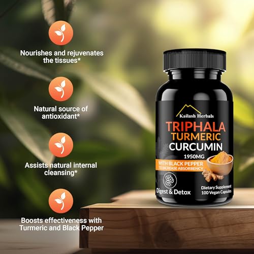 Kailash Herbals - Triphala Cúrcuma Curcumina 1950MG com Pimenta Preta, 100 Cápsulas Veganas, Digestão