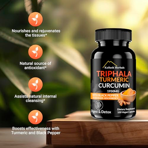 Kailash Herbals - Triphala Cúrcuma Curcumina 1950MG com Pimenta Preta, 100 Cápsulas Veganas, Digestão