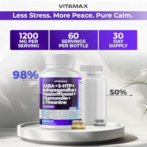 Vitamax - GABA 500mg 5 HTP 150mg Ginkgo Biloba L Tryptophan 500mg L Theanine 200mg Ashwagandha 2000mg – Vitaminas Calmantes para Homens e Mulheres – Fabricado nos EUA (60 Unidades)