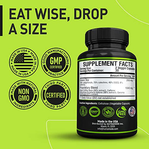 NUTRAMODE - Suplemento Queimador de Gordura de Extrato de Chá Verde Premium com EGCG – Supressor Natural de Apetite – Pílulas de Dieta para Perda de Peso Saudável que Funcionam Rapidamente para Mulheres e Homens – Impulsionador de Metabolismo Detox