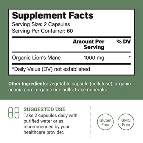 Earth Harmony Naturals - Suplemento Orgânico de Leão da Montanha (1000mg), Extrato de Suplemento de Cogumelo Leão da Montanha para Apoiar o Foco e a Memória, Suplemento Cerebral Nootrópico (120 Cápsulas)