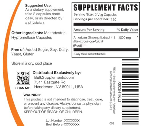 BulkSupplements - American Ginseng Capsules – Extrato de Ginseng Americano, Suplemento Herbal de Ginseng – Vegano, 2 Cápsulas por Porção (4000mg Equivalente), 240 Cápsulas Vegetais (Pacote…)