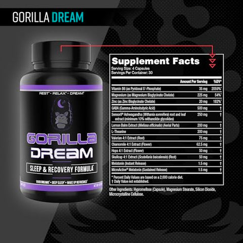 Gorilla Mind - Suplemento para dormir Gorilla Dream (120 cápsulas) – Sono abrangente com infusão nootrópica