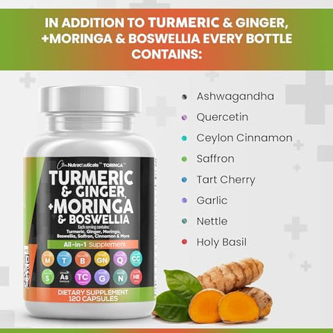 Clean Nutraceuticals - Turmeric Curcumin 30000mg Ginger 3000mg Moringa 50000mg Boswellia 3000mg Saffron 2000mg – Suporte Articular para Mulheres e Homens com Canela do Ceilão, Quercetina, Cereja Azeda