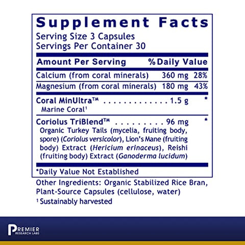 Suplemento de Cálcio e Magnésio com Complexo de Cogumelos Reishi – Saúde Óssea – 60 cápsulas - Premier Research Labs
