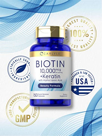 Biotina 10000mcg | 150 Cápsulas | Fórmula de Beleza com Queratina | Suplemento Sem Glúten, Não-OGM - Carlyle