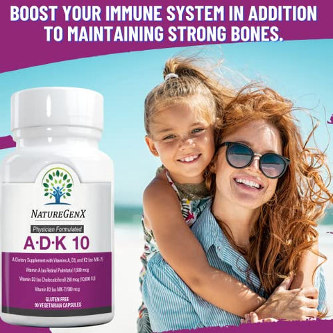 NatureGenX - Suplemento ADK 10 – Vitaminas A, D3 e K2 – Potente Vitamina D3 de 10000 UI com Vitaminas A e K2 para Saúde Óssea, Cardíaca e Imunológica – 90 Cápsulas Fáceis de Engolir (Fornecimento de 3 Meses)