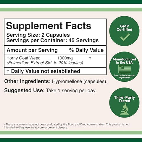 Double Wood Supplements - Horny Goat Weed para Homens e Mulheres – Sem Preenchedores (Força Máxima Epimedium Pad. para 20% Icariins) 1.000mg por Porção, 90 Cápsulas (Suplemento Potencializador Masculino) por Double Wood