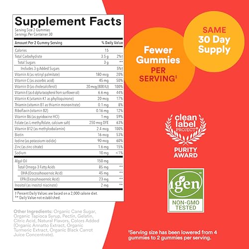 Kids Multivitaminas Gomas – Fórmula Aprimorada: Ômega 3 (DHA/EPA), Vitaminas D3, C, B12, B6, A, K | SmartyPants Kids Gomas Multivitamínicas Aprimoradas - SmartyPants
