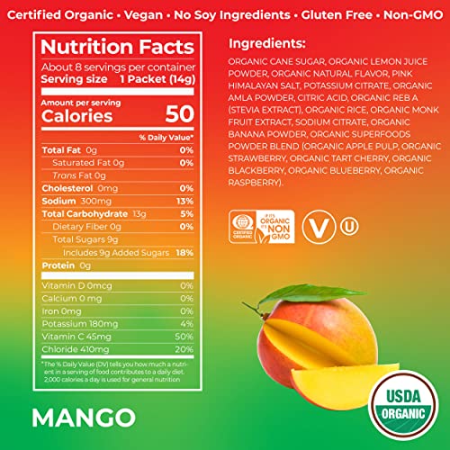Pacotes de Hidratação Orgânica, Pó de Eletrólitos – Mango Hydro Boost com Superfoods, Vegano, Sem Glúten, Sem Ingredientes de Soja, Não-OGM, Menos Açúcar que Bebidas Esportivas, 8 Unidades - Orgain