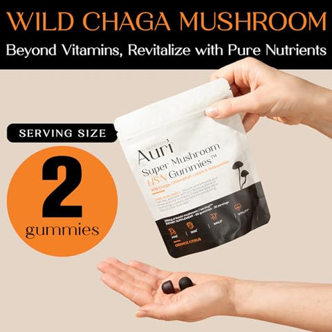 Super Mushroom HSN Gummies – Suplemento Funcional de Cogumelos para Cabelo, Pele e Unhas – com Chaga Selvagem, Clorofila, Luteína e Astaxantina – 60 Gomas de Laranja Cítrica - Auri