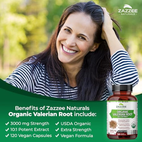 Valeriana Orgânica USDA Extrato 10:1, 3000 mg, 120 Cápsulas Veganas, 4 Meses de Suprimento, Potência 10X, 100% Vegetariano, Natural, Não-OGM - Zazzee