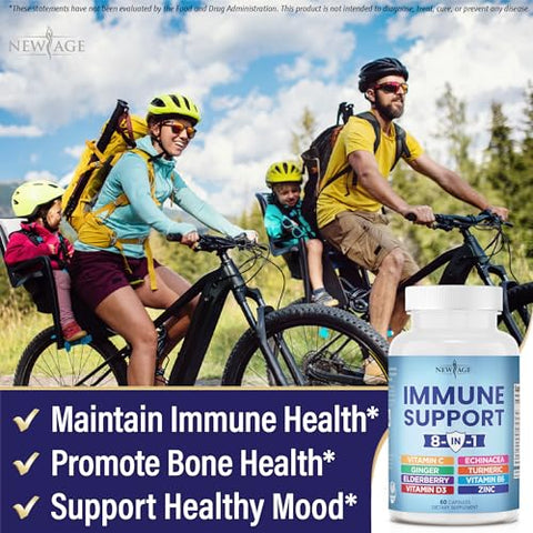 NEW AGE - 8 em 1 Suplemento Reforço Imunológico com Equinácea, Vitamina C e Zinco 50mg, Vitamina D 5000 UI, Cúrcuma Curcumina