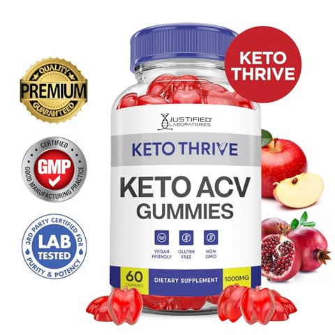 Justified Laboratories - (5 Pacotes) Keto Thrive Gomas de Keto ACV Avançadas 1000MG Fórmula Avançada de Gomas de Keto Thrive Keto Vinagre de Maçã Formulado com Suco de Romã e Beterraba em Pó B12 Vegano Não-OGM 300g