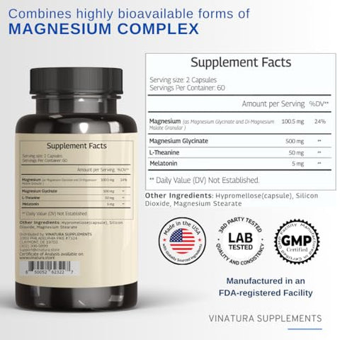 VINATURA - Magnésio para Dormir – Complexo de Magnésio com Melatonina – 500mg de Magnésio Glicinato, Magnésio L-Teanina – 120 Cápsulas