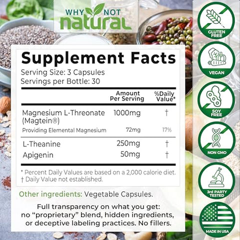 Why Not Natural - Complexo de Magnésio L-Treonato com Apigenina e L-teanina 90 Cápsulas, Suplemento Patenteado Magtein