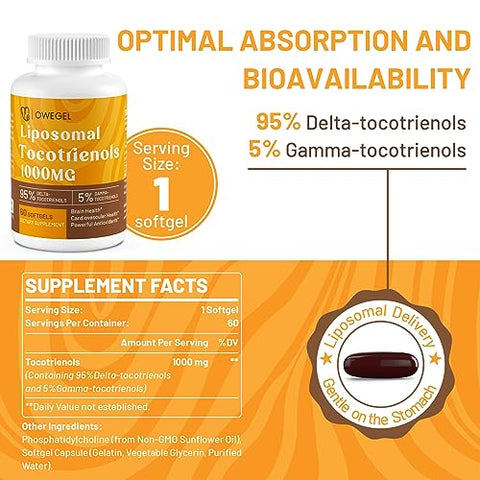 owegel - Suplemento de Tocotrienóis Lipossomais 1000mg – Alta Bioacessibilidade de Vitamina E Tocotrienóis, 95% Delta