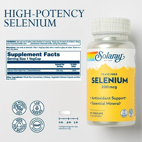 SOLARAY - Solaray Yeast Free Selenium 200mcg – Cápsulas de Selênio para uma Função Tireoidiana Saudável