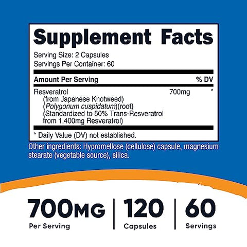Resveratrol 700mg – 120 Cápsulas Veganas, Livre de Glúten, Não-OGM - Nutricost