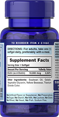 Puritan's Pride - Puritan’s Pride Biotina 10000 Mcg, Promove Saúde da Pele, Cabelo e Unhas, Softgels 100 Contagem