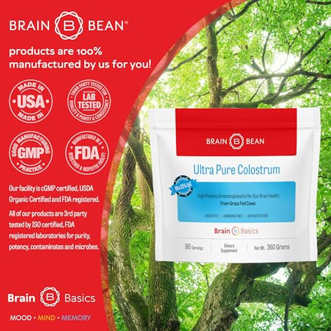 Brain Bean - Colostro Ultra-Puro Brain Basics, 4000mg por Porção, Mín 25%% de Anticorpos IgG, Saúde Intestino-Cérebro-Imunidade, Cabelos e Pele Radiantes. Pó de Colostro de Vacas Alimentadas com Grama. 360 Gramas