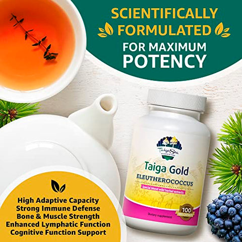 TAIGASEA - Extrato de Raiz de Eleuthero Selvagem, Mistura de Extrato Herbal com Eleutherococcus para Imunidade e Forma Física, Resistência e Resistência, 100 Cápsulas Vegetarianas