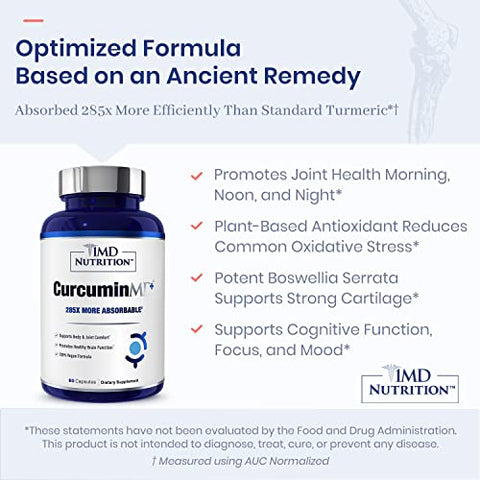 CurcuminMD Plus – Cúrcuma Curcumin com Boswellia Serrata – 285x Mais Absorvível | Rigidez nas Articulações, Recuperação Muscular e Suporte ao Humor | 120 Cápsulas (2-Pack) - 1MD Nutrition