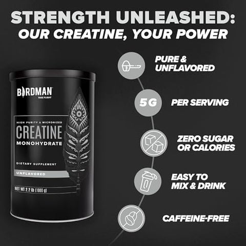 Creatina Monohidratada em Pó Micronizada, Recuperação Muscular, Pré-Treino sem Cafeína, Vegano, Pós-Treino, Sem Glúten, Sem Açúcar | 200 Porções (5g Cada) - BIRDMAN