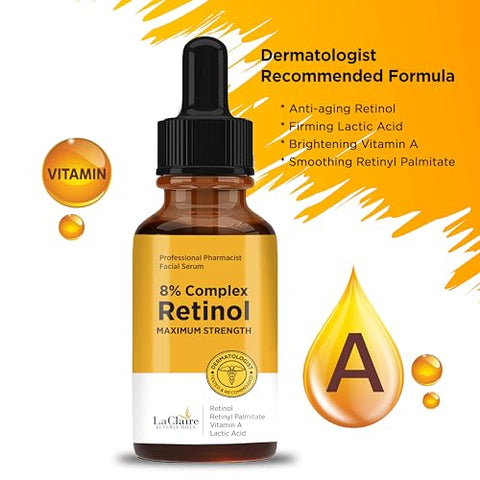 LaClaire - Sérum Facial Complexo Retinol, Anti-idade, Iluminador, Firmador, Suavizante, 30 ml