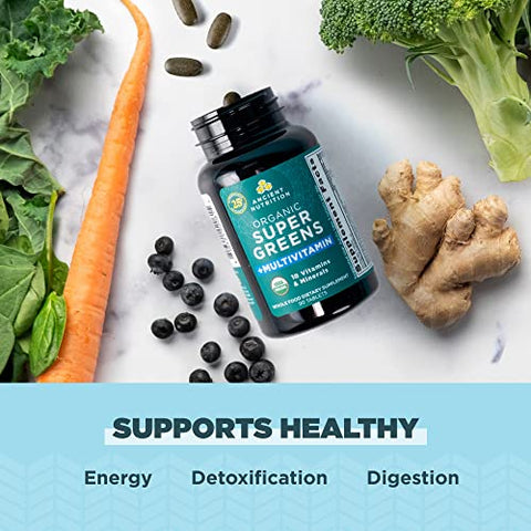 SuperGreens e Multivitaminas Orgânicas com Probióticos, Feitos de Frutas, Vegetais e Ervas Reais, para Suporte Digestivo, Desintoxicação e Energia, 90 comprimidos - Ancient Nutrition