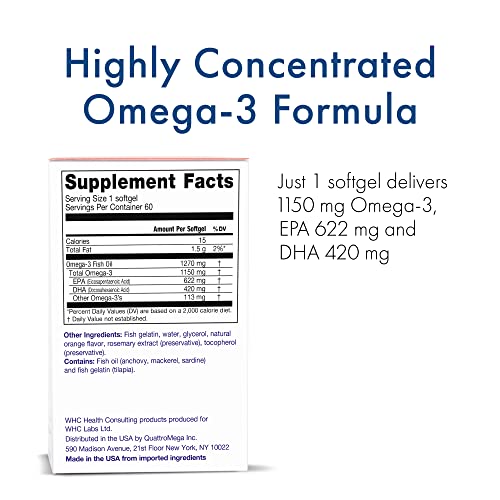 UnoCardio X2 Ômega-3 Triglicerídeos de Ácidos Graxos de Peixe, 1270 mg Suplemento de Óleo de Peixe (622 mg EPA / 420 mg DHA / Total 1150 mg de Ômega-3 por Porção), Laranja Natural, 60 cápsulas - WHC