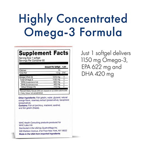 UnoCardio X2 Ômega-3 Triglicerídeos de Ácidos Graxos de Peixe, 1270 mg Suplemento de Óleo de Peixe (622 mg EPA / 420 mg DHA / Total 1150 mg de Ômega-3 por Porção), Laranja Natural, 60 cápsulas - WHC