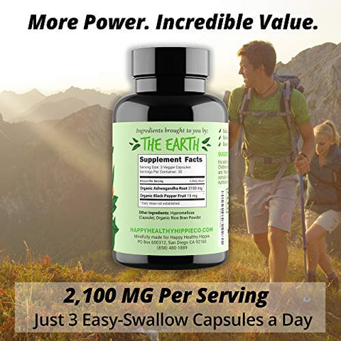 Happy Healthy Hippie - Cápsulas de Ashwagandha Orgânica 2100mg – Alívio do Estresse – Extra Forte – 100%% Herbal, Extrato de Raiz de Ashwagandha Orgânica Certificada pelo USDA com Pimenta Preta – Energia, Humor