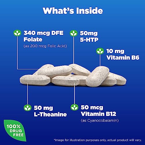 Mood Positive 5-HTP 50mg com L-Theanine, Vitamina B6, Vitamina B12 e Folate – Suplemento Alimentar para Apoiar um Humor Positivo – 50 Comprimidos, Fornecimento de 25-50 Dias - Natrol