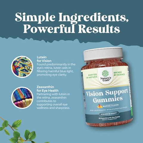 Natures Craft - Zeaxanthin Plus Lutein Gummies – Vitaminas Oculares Potentes para Adultos – Proteção contra Luz Azul e Visão – Suplementos Diários para Saúde Ocular – Olhos Secos e