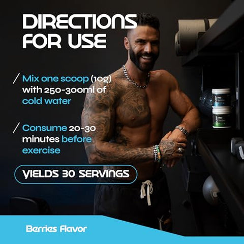 Pré-Treino Sabor Frutas Vermelhas 300g – 10,5 Ounces – Pó de Proteína – Aumento de Energia – Suporte para Foco e Resistência – Cordyceps – Ideal para Atletas – Sem Glúten - COURA