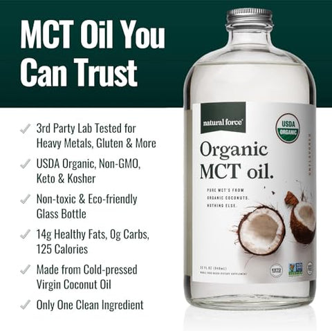 Óleo de MCT Orgânico Natural Force – Frasco de Vidro Puro – Feito a partir de Óleo de Coco Virgem 100% Prensado a Frio Certificado Keto, Paleo, Kosher, Vegano – 500ml