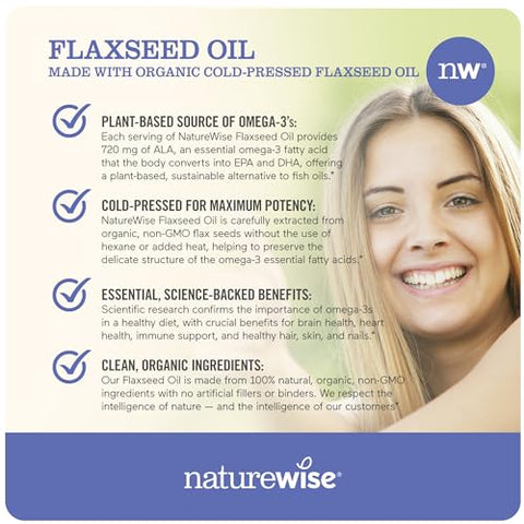 Óleo de Linhaça NatureWise 1200 mg, Ômega 3 Livre de Peixe com 720mg de ALA, Ômega 3 6 9, Suporte para a Saúde do Coração – Feito com Óleo Orgânico e Extraído a Frio, Não-OGM – 120 cápsulas