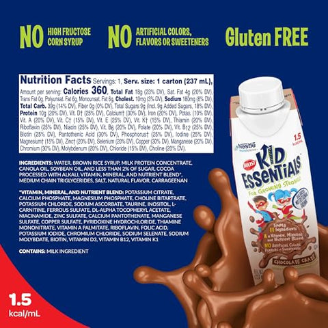 KID ESSENTIALS Chocolate Craze – Bebida Nutricional 1.5 kcal/mL, 10g Proteína, Vitamina C, D, B12 e Zinco – Embalagem com 24 unidades de 8 Fl Oz (237 mL) - BOOST