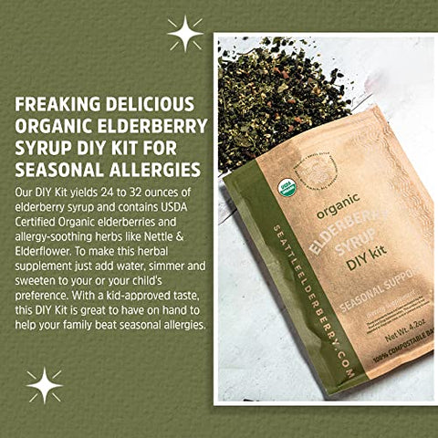 Seattle Elderberry - Kit DIY de Suporte Sazonal – Faça um Xarope Delicioso e Sem Glúten de Suplemento Herbal com Benefícios Potentes para Alergias, Contendo Apenas Ingredientes Orgânicos Feitos em Pequenos Lotes nos EUA – 120ml