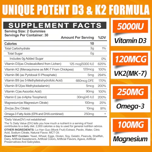 Maennyliy - Vitaminas D3 K2 Gummies para Adultos – D3 5000IU K2 (MK-7) 120mcg – Sem Açúcar – Suplementos D3 e K2 com Ômega-3, Metil B12, B9, B6, Vitamina E